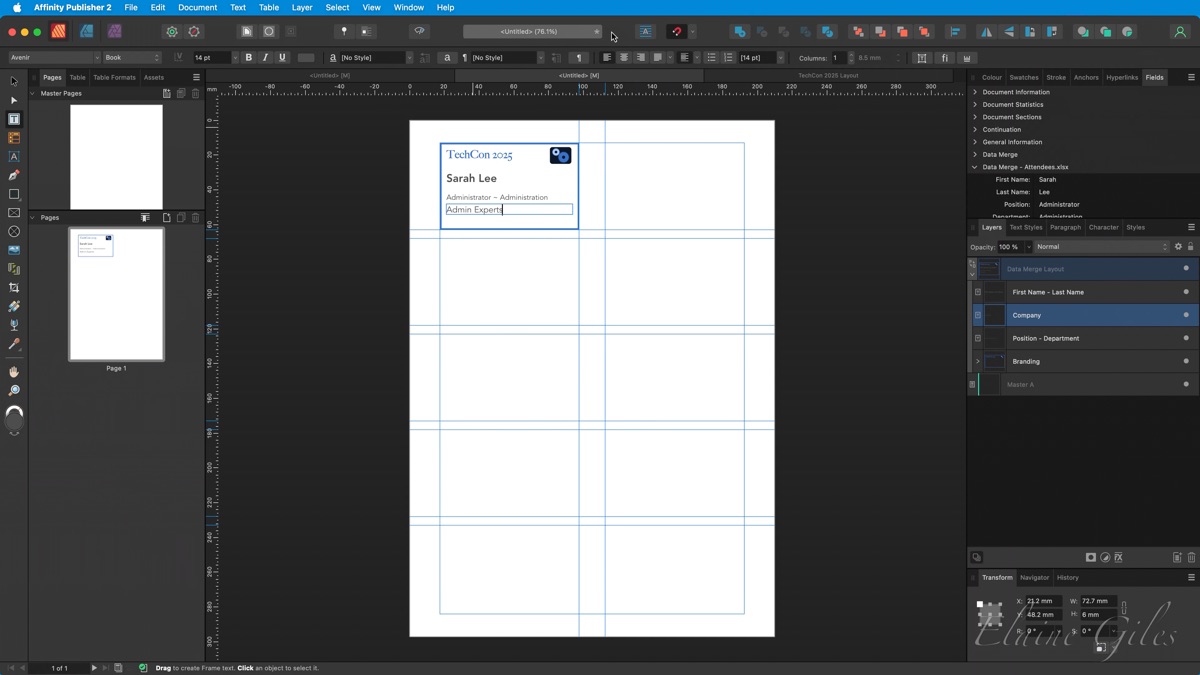Add a Data Merge Layout with 1 Column and 1 Row